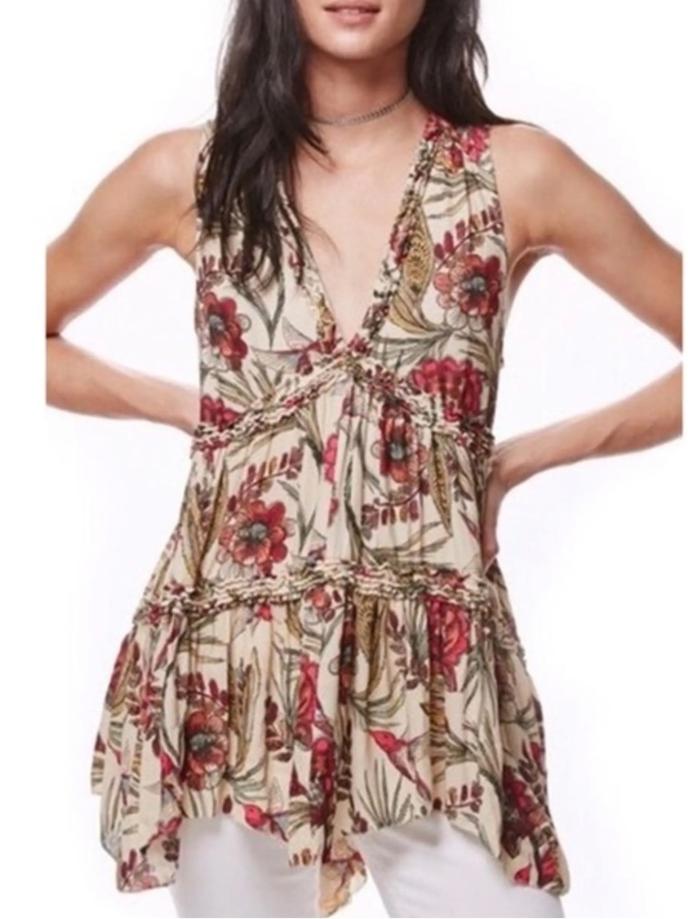 Free People Floral Deep V Tiered Tunic- Beige, Red, Green, Swing Style
